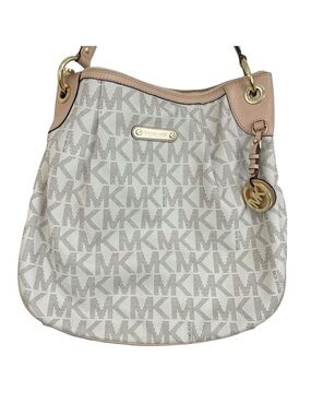 Michael Kors Hobo Handbag Jet Set Monogram Pleated White Tan Signature MK Logo
